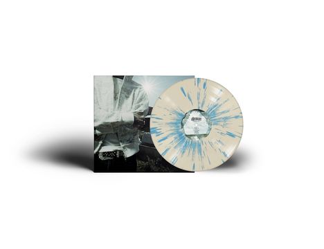 Der Text auf der Schallplatte lautet "Side A" und "drown". Grauweiße Schallplatte mit blauen Sprenkeln auf einem Cover.