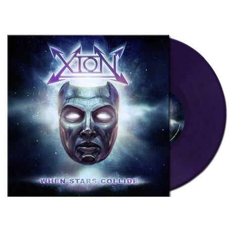 Text: "XION" und "WHEN STARS COLLIDE". Sci-Fi-Illustration eines metallischen, leuchtenden Gesichts im Weltraum. Vinyl-Platte.