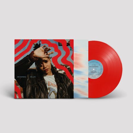 „AM WARNING WELLEN“ auf einem Albumcover. Eine Person hebt die Hand vor rotem Hintergrund mit Wellen. Rote Vinylplatte.