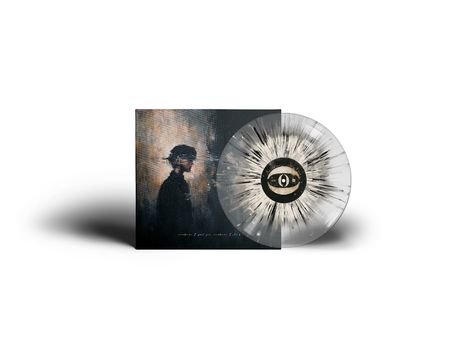 „unless I put you there, I don’t.“ Ein Gemälde eines Profils einer Person, daneben eine Vinyl-Schallplatte mit Auge.