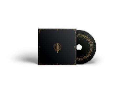 Ein schwarzes CD-Cover und eine CD mit goldenen Dornen-Motiven und einem stilisierten Logo in der Mitte.