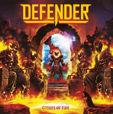 Der Text oben lautet „DEFENDER", unten steht „TITANS OF FIRE". Es zeigt feurige Gestalten in einem flammenumringten Torbogen.
