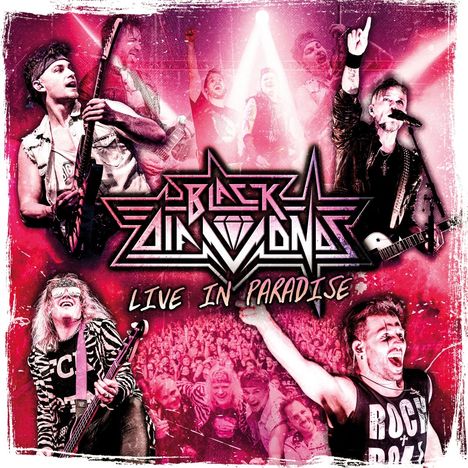 "Black Diamonds" und "Live in Paradise" stehen auf einem energiegeladenen Konzertposter mit Bandmitgliedern in Aktion.