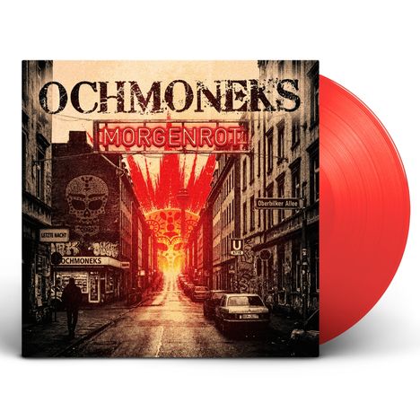 Text vorne: "Ochmoneks", "Morgenrot", "Oberbilker Allee". Rote Schallplatte, Straßenansicht mit Sonnenaufgang und Totenkopf-Graffiti.