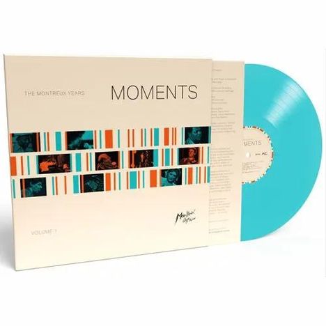 "THE MONTREUX YEARS", "MOMENTS", "VOLUME 1". Ein helltürkises Vinyl mit schlichter Cover-Gestaltung und bunten Streifen.