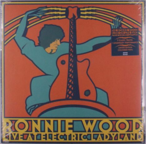 Text: "RONNIE WOOD" und "LIVE AT ELECTRIC LADYLAND". Illustration zeigt eine Person mit Gitarre in kräftigen Farben.