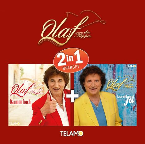 "2 in 1 Sparset", "Olaf der Flipper", "Daumen hoch", "Tausendmal ja", zwei Albumcover mit demselben Mann in rotem und gelbem Sakko.