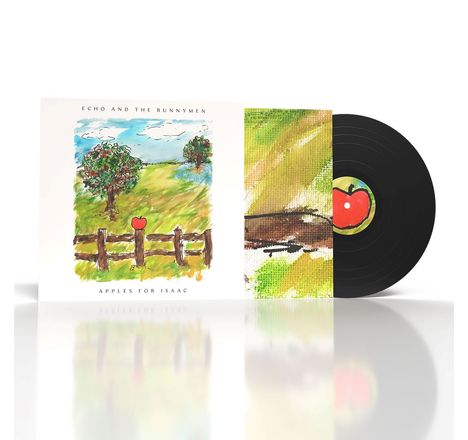 "Echo and the Bunnymen", "Apples for Isaac". Illustration: Landschaft mit Bäumen und Zaun, rote Apfelabbildung.