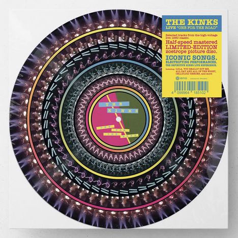 Gelber Textblock: „THE KINKS. LIVE. Half-speed mastered LIMITED-EDITION... ICONIC SONGS.“ Kreisförmiges, buntes Muster.
