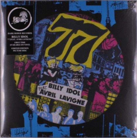 "DARK HORSE RECORDS", "BILLY IDOL", "FEAT. AVRIL LAVIGNE". Illustration mit Comicszenen und großen Zahlen "77" in Gelb.