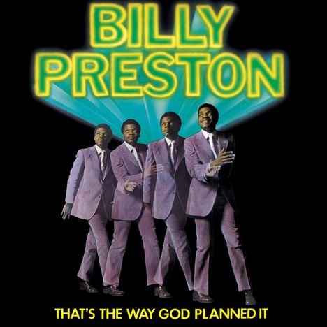 "BILLY PRESTON" und "THAT'S THE WAY GOD PLANNED IT". Illustration von vier Männern in lila Anzügen vor einem schwarzen Hintergrund.