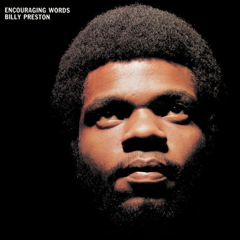 Text: "ENCOURAGING WORDS BILLY PRESTON". Großes Gesicht eines Mannes, das im Licht erscheint, umgeben von Dunkelheit.