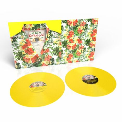 "The Best of Fatboy Slim" steht auf einem Hemdetikett. Zwei gelbe Schallplatten und ein Cover mit buntem Blumenmuster.