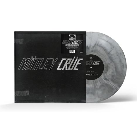 Schwarze Vinylhülle mit "Mötley Crüe" in großen Buchstaben; rechts ist eine silbergraue, marmorierte Platte.