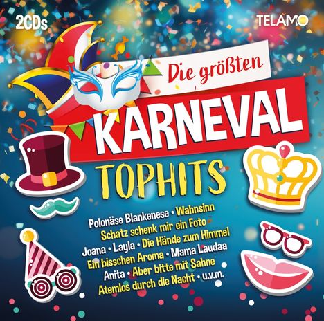 „Die größten Karneval Tophits“ zeigt bunte Symbole wie Maske, Krone, Hut und Partyhut auf blauem Hintergrund.