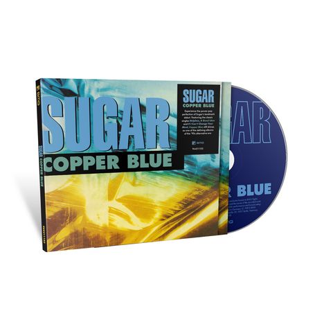 Albumcover und CD mit Aufschrift „Sugar Copper Blue“, abstrakte blau-gelbe Grafik im Hintergrund.