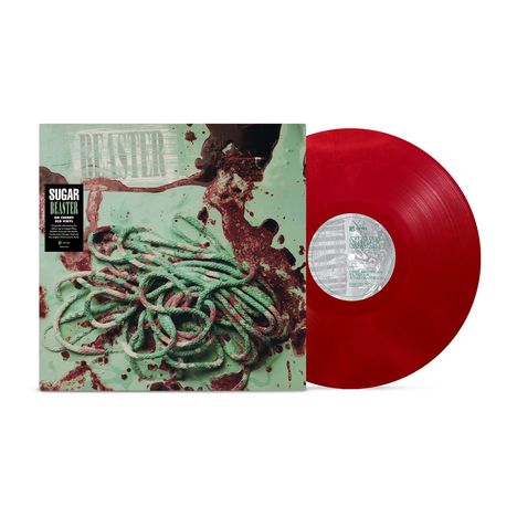 Text: "SUGAR BEASTER", "RED VINYL". Ein rotes Vinyl mit einem Cover, das grüne Seile und rote Spritzer zeigt.
