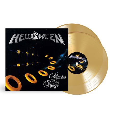 Texte: "Helloween", "Master of the Rings".  
Illustration: Goldene Ringe auf schwarzem Hintergrund. Zwei goldene Schallplatten.