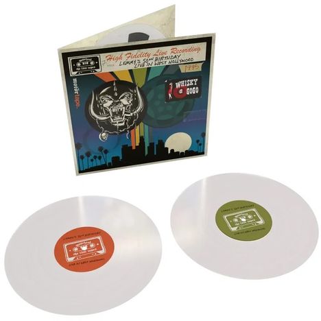 "High Fidelity Live Recording", zwei weiße Vinyls, Cover mit stilisiertem Schädel, Palmen und Stadt-Silhouette.