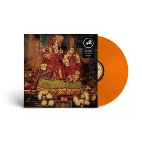 Stickertext: "Radha-Krishna" und "Limited Edition". Eine orangefarbene Schallplatte zeigt ein kunstvolles Gemälde von zwei Figuren.