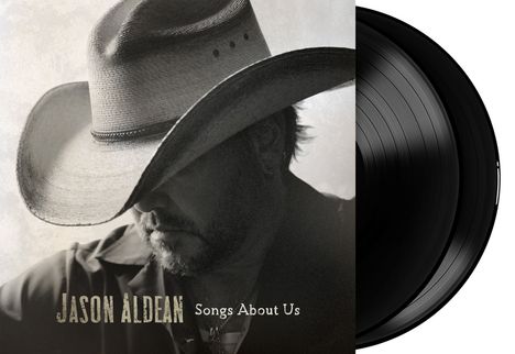 "JASON ALDEAN Songs About Us." Porträt eines Mannes mit Cowboyhut, rechts eine schwarze Schallplatte.