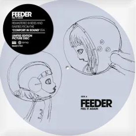 Text: "FEEDER REMASTERED B-SIDES AND RARITIES...," "FEEDER FEEL IT AGAIN." Illustration: Zwei Figuren in Helmen, seitlich.