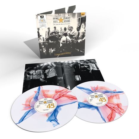 Text: "Afro Cuban All Stars", "45", "A toda Cuba le gusta". Schwarz-weiße Bilder von Musikern; bunte Schallplatten.