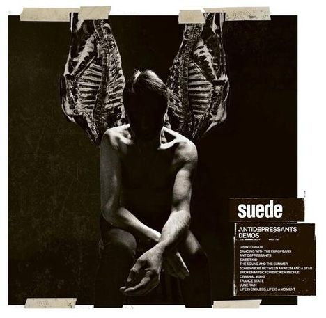 Text: "suede ANTIDEPRESSANTS DEMOS." Dunkle, mystische Darstellung eines sitzenden Mannes mit Flügel-Silhouette.