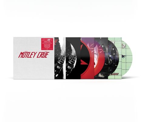 Der Text „Mötley Crüe“ ist in roter Schrift. Mehrere Schallplatten mit verschiedenen bunten Covern sind zu sehen.