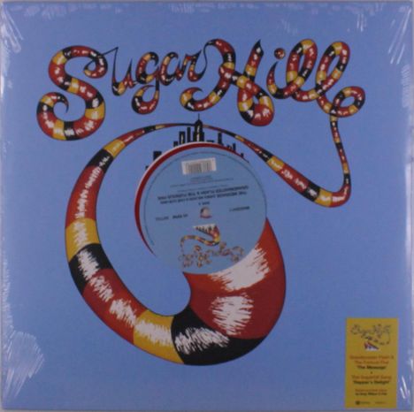 "Grandmaster Flash & The Furious Five" in gelber Box. Logo "Sugar Hill" in buntem, geschwungenem Schriftzug.