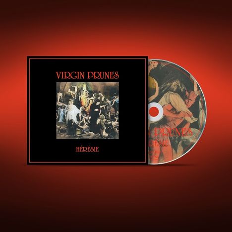 Text: "Virgin Prunes", "Hérésie". Cover mit einem dunklen Kunstwerk und eine CD daneben auf rotem Hintergrund.