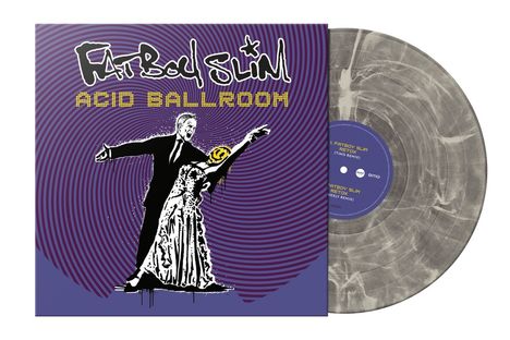 Bunte Illustration eines Tanzpaares mit gelbem Smiley und den Worten "Fatboy Slim" und "Acid Ballroom". Graue Vinyl-Schallplatte.