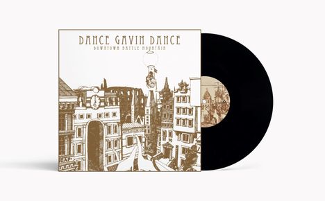"Dance Gavin Dance. Downtown Battle Mountain." Ein detailliertes, sepiafarbenes Stadtbild mit Ballon und Schallplatte.