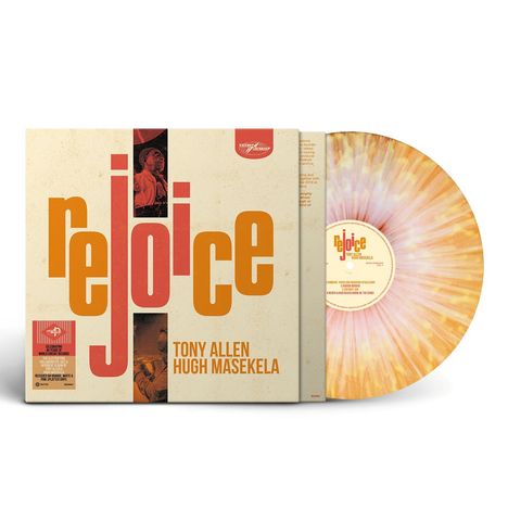 "Rejoice" in großen Buchstaben, darunter "Tony Allen" und "Hugh Masekela". Retro-Stil, mit Vinyl-Schallplatte in bunten Wirbeln.