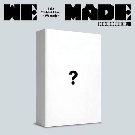 Texte: "i-dle 9th Mini Album • We made". Eine weiße Box mit einem Fragezeichen darauf.