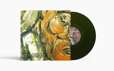 Text: DANCE GAVIN DANCE. 
Illustration eines Gesichts in groben Pinselstrichen, mit hellen Grün- und Brauntönen, und einer schwarzen Vinyl-Schallplatte.