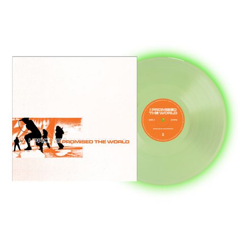 Texte "I Promised the World" und "Side A, 33 RPM" auf Vinyl. Links eine Grafik mit Silhouetten in Orange.