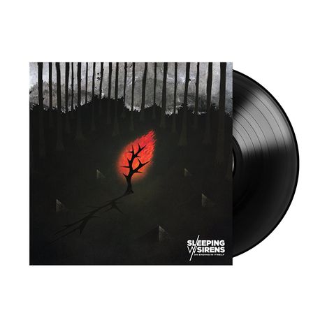 Text: "Sleeping With Sirens. An Ending In Itself." Illustration: Ein brennender Ast in einem dunklen Wald.