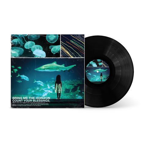 Eine Schallplattenhülle zeigt „BRING ME THE HORIZON COUNT YOUR BLESSINGS“. Ein Kind steht vor einem Aquarium mit Haien.