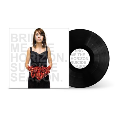 "BRING ME THE HORIZON. SUICIDE SEASON." Frau in schwarzem Kleid hält blutige Eingeweide, daneben eine schwarze Schallplatte.