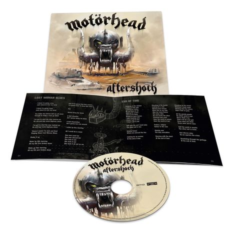 „Motörhead“, „aftershock“, Songtexte „LOST WOMAN BLUES“ und „END OF TIME“. Cover zeigt einen Schädel mit Hörnern.