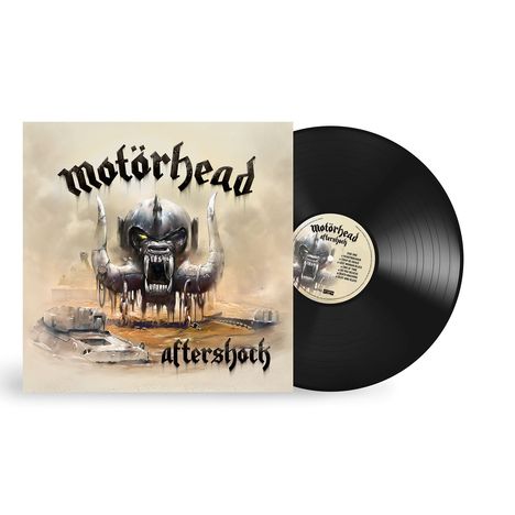 "Motörhead" und "Aftershock" stehen auf einem Schallplattencover, das ein bedrohliches Monster zeigt.