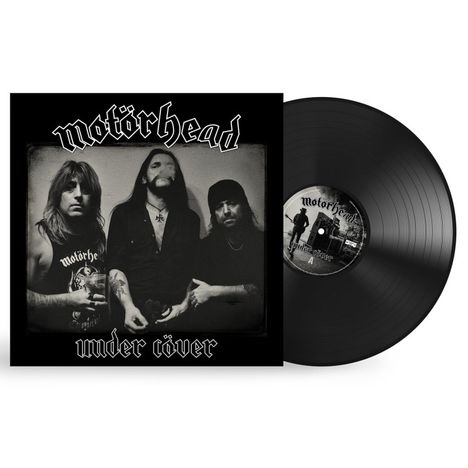 "Motörhead", "under cöver". Schwarz-weißes Foto von drei Männern, ein Schallplattenalbum.