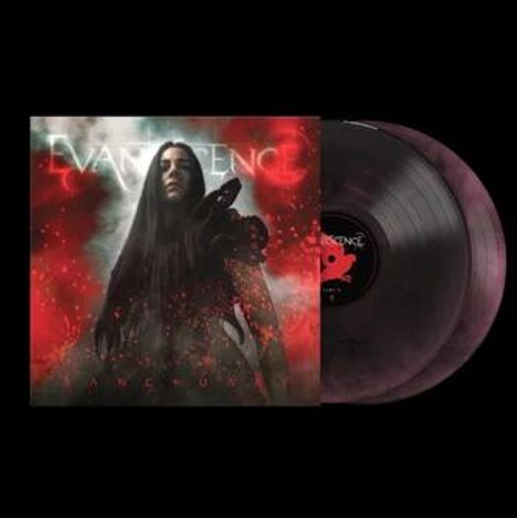 "EVANESCENCE" und "THE BITTER TRUTH". Frau mit langen Haaren, roter und schwarzer Hintergrund, zwei Schallplatten.