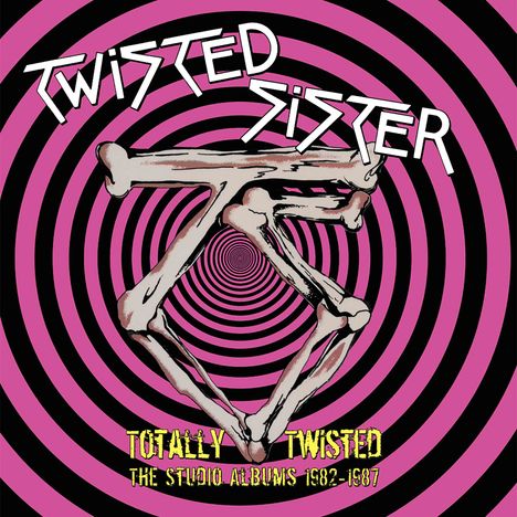 "Twisted Sister", "Totally Twisted", "The Studio Albums 1982-1987". Logo: Skelettknochen vor lila-schwarzen Spiralen.