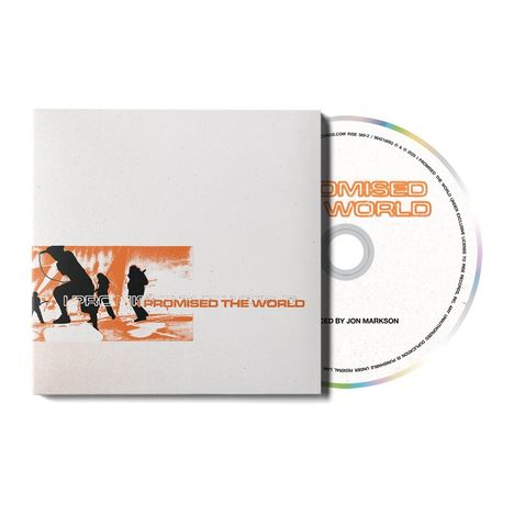 „PROMISED THE WORLD“. Links Silhouetten von Menschen in Bewegung, orange gehalten. CD sichtbar rechts.
