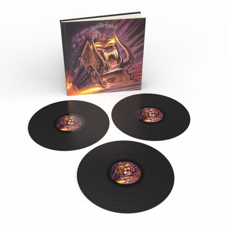 "Motörhead" und ein furchteinflößender Zug auf dem Cover. Drei Schallplatten mit gleichem Design.