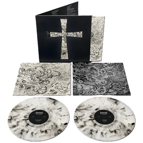 „Iommi“, „Praises be“ und „Cleansed“ auf zwei Vinyls in Schwarz-Weiß-Marmor, Schallplattencover mit schwarzem Kreuz.