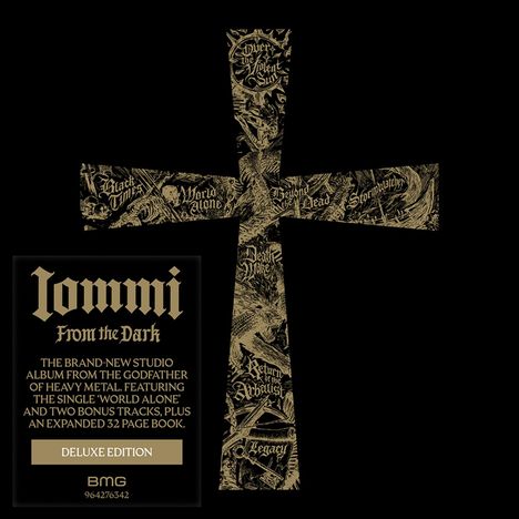 Auf den Schallplatten steht „Iommi“. Schwarze Hülle mit kreuzförmiger Öffnung. Schwarz-weiße Schallplatten und kunstvolle Illustrationen.