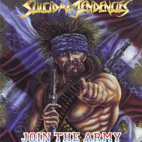 "JOIN THE ARMY" in blauer und roter Schrift. Illustration eines bewaffneten Kriegers mit Pelzmütze, der direkt zeigt.
